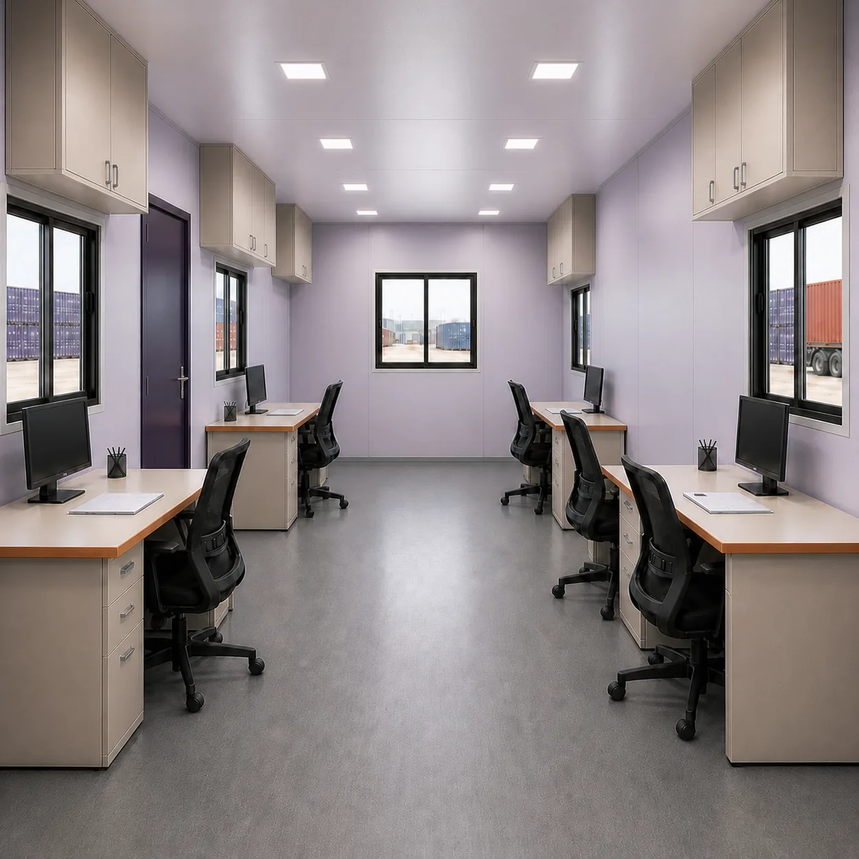 20 x 10 ft site office container interior looking back toward the entry end wall