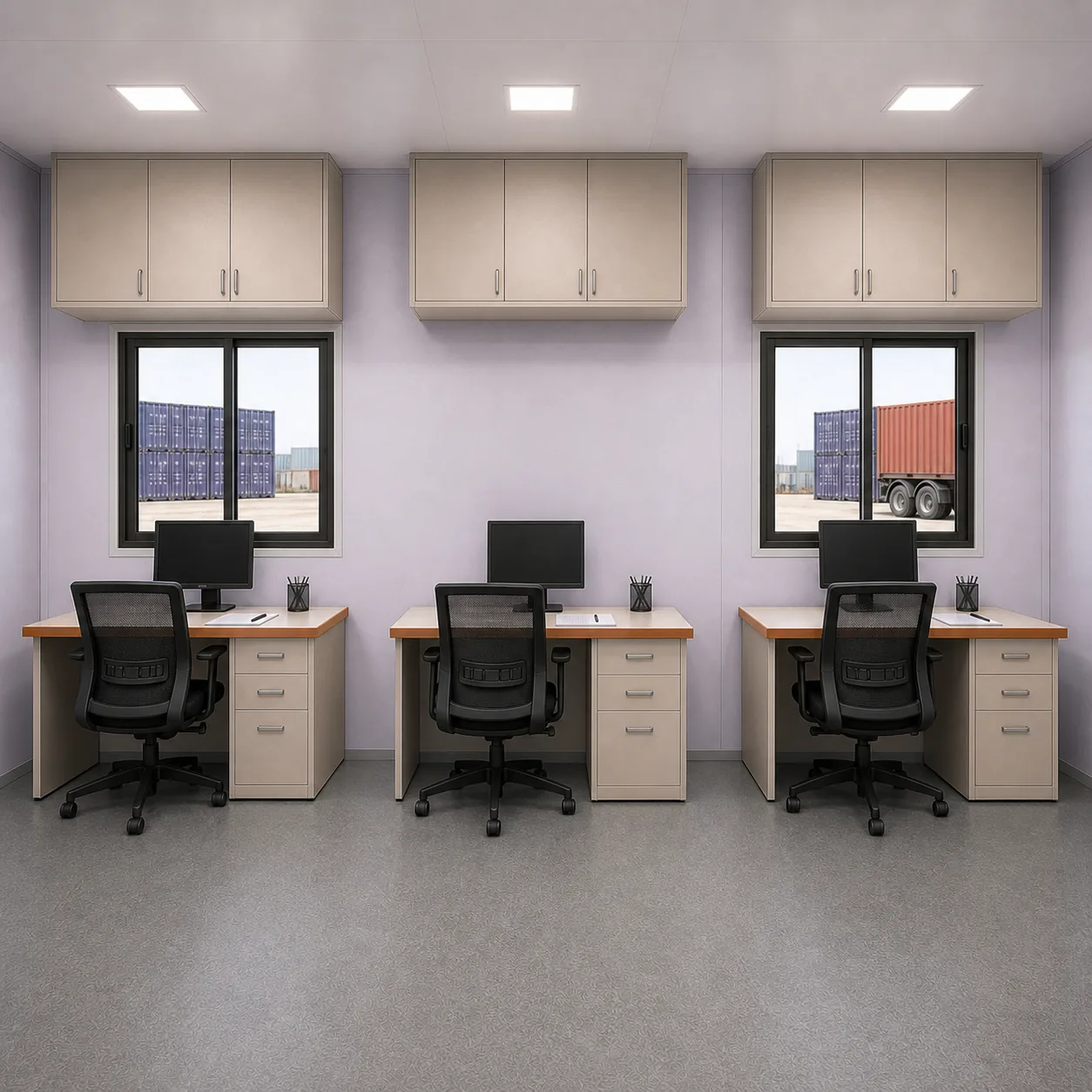 Five workstations with overhead cabinets in a 20 x 10 ft site office container