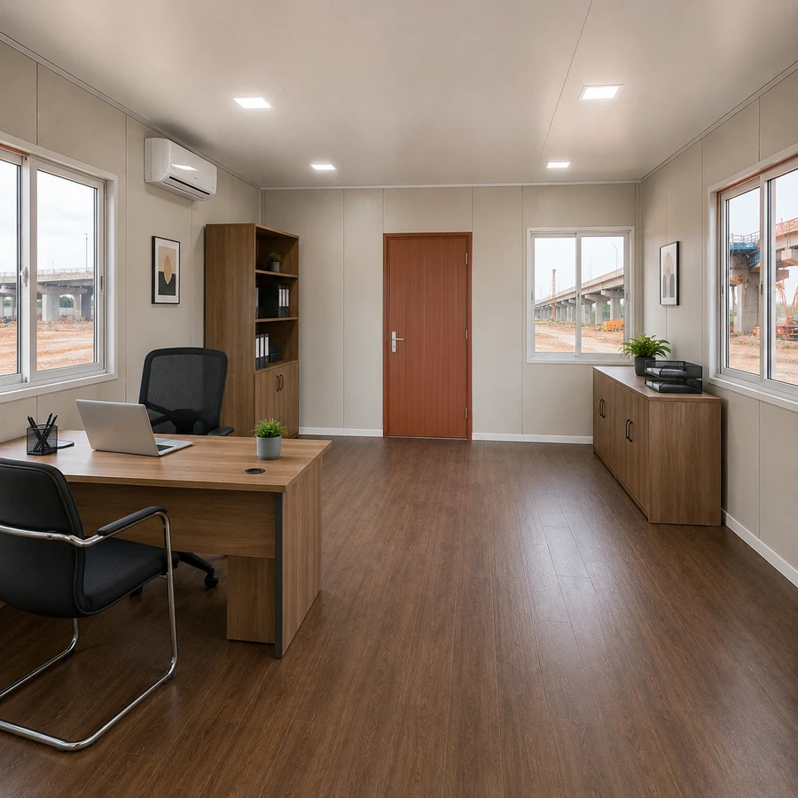 Timber desk beside a red door in a 20x10 ft site office container