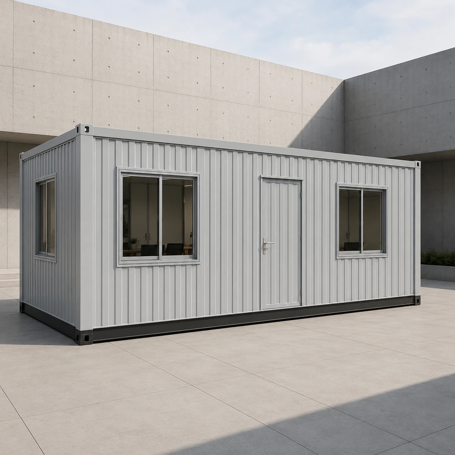 Light grey 20x10 ft site office container on cast concrete, front corner view