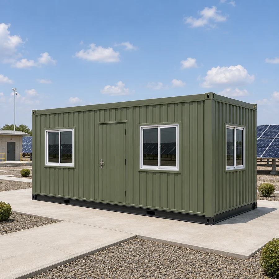 Olive green 20x10 ft site office container near solar panels, hero exterior