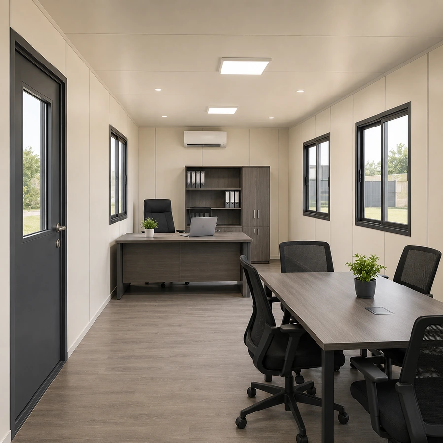 Dark desk with meeting table inside a 20x10 ft site office container
