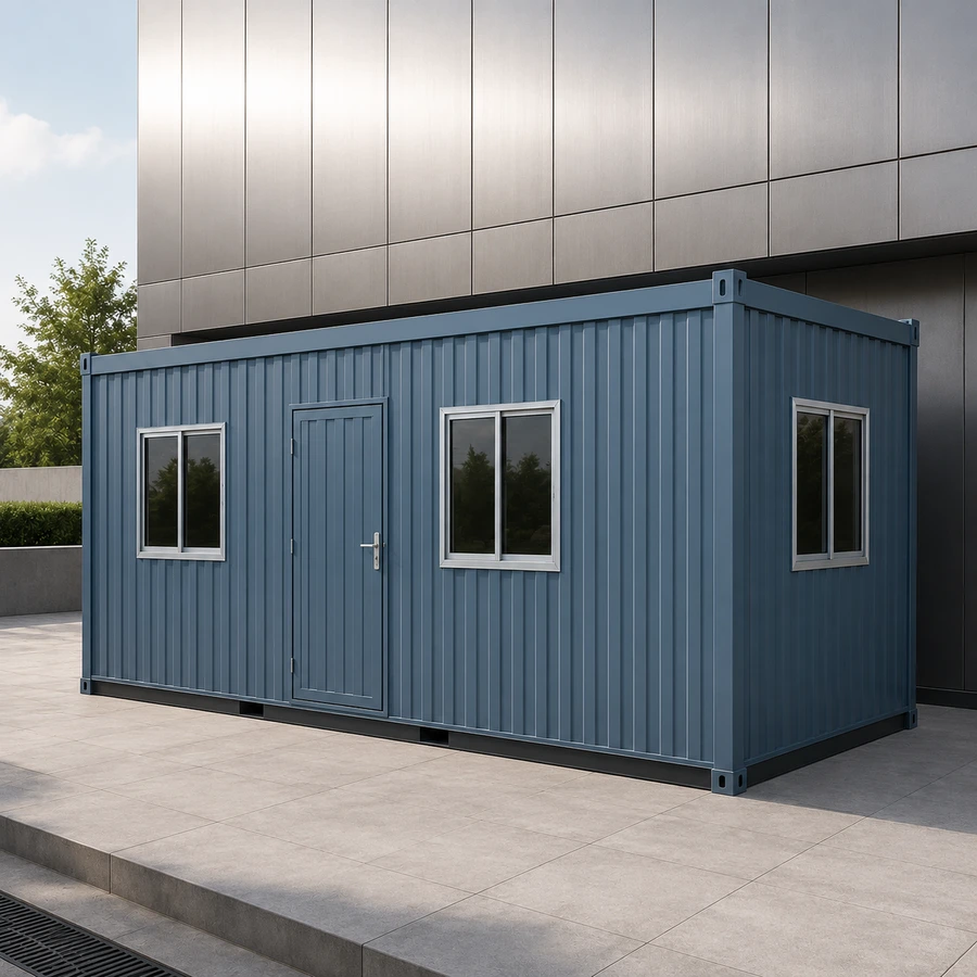 Blue 20x10 ft site office container against a grey wall, side elevation