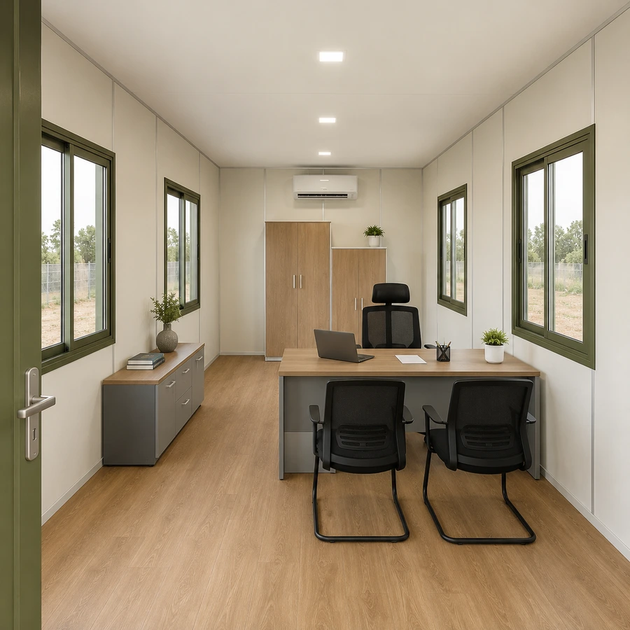 Desk backed by a tall wardrobe inside a 20x10 ft site office container