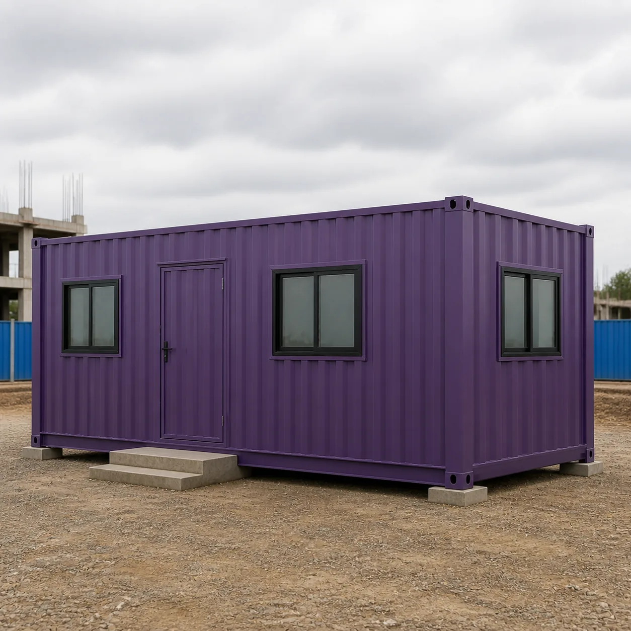 20 x 10 ft site office container levelled on bearing pads at a construction site entrance