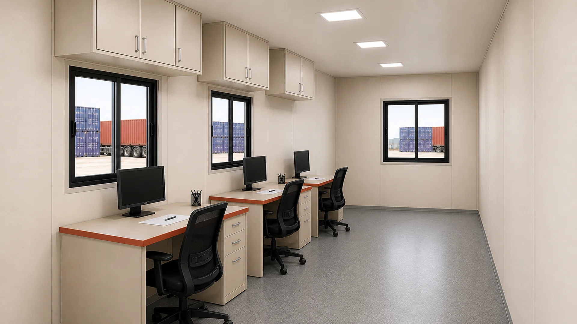 Three-desk supervisor office inside a 20 x 8 ft site office container with a clear aisle