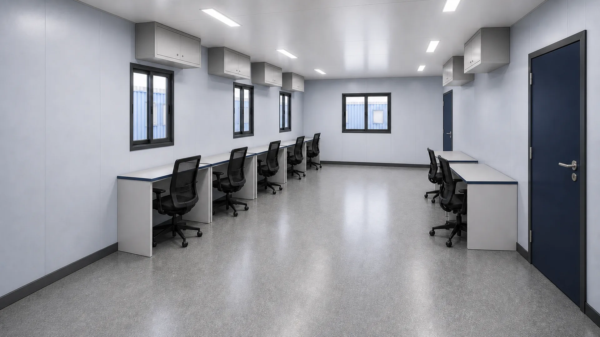 30 x 10 ft site office container interior with desks on both walls and two entry doors