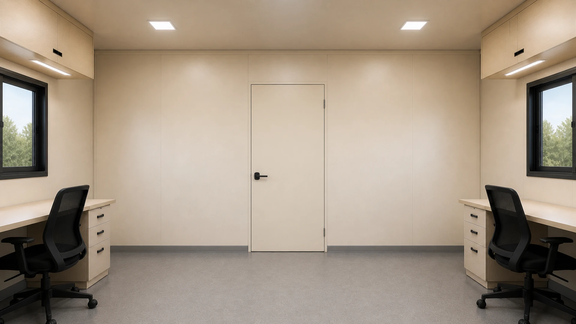 Partition and internal door dividing the manager cabin from the common office, no window