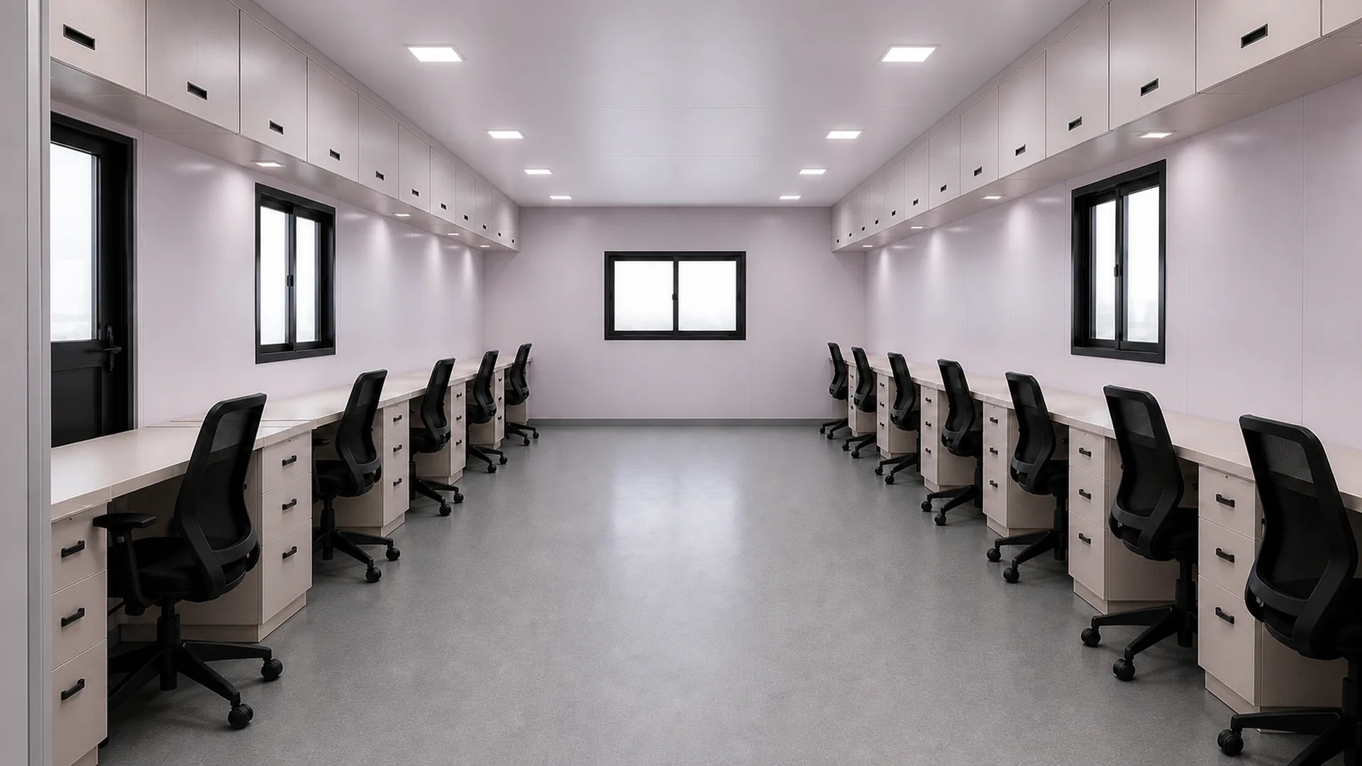 Twelve workstations in two runs inside a 40 x 12 ft site office container common office