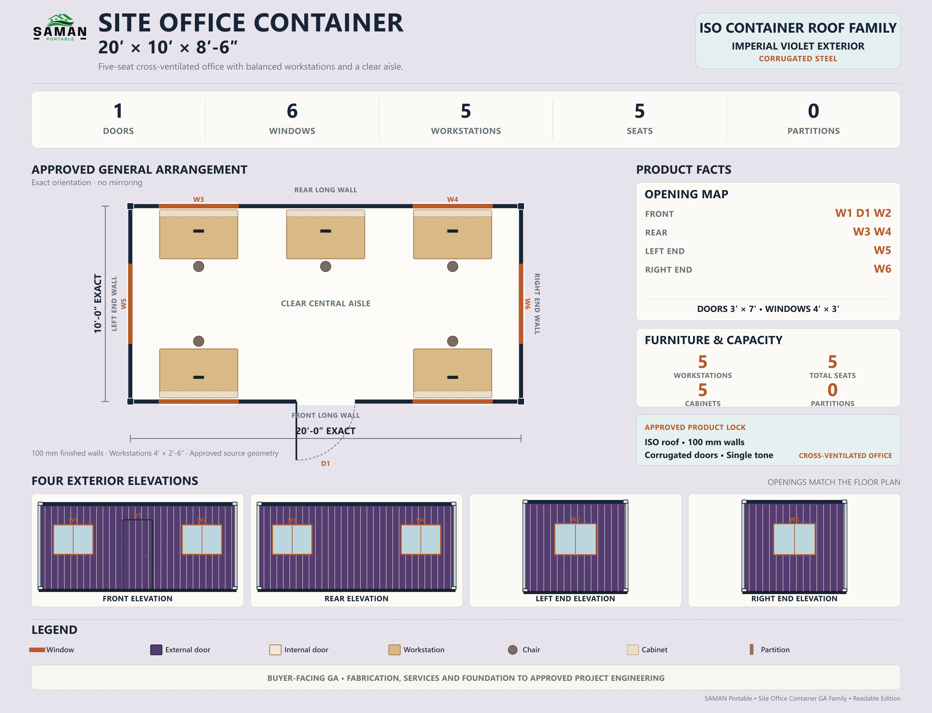 Approved GA plan for the 20 x 10 x 8.5 ft site office container showing every wall opening