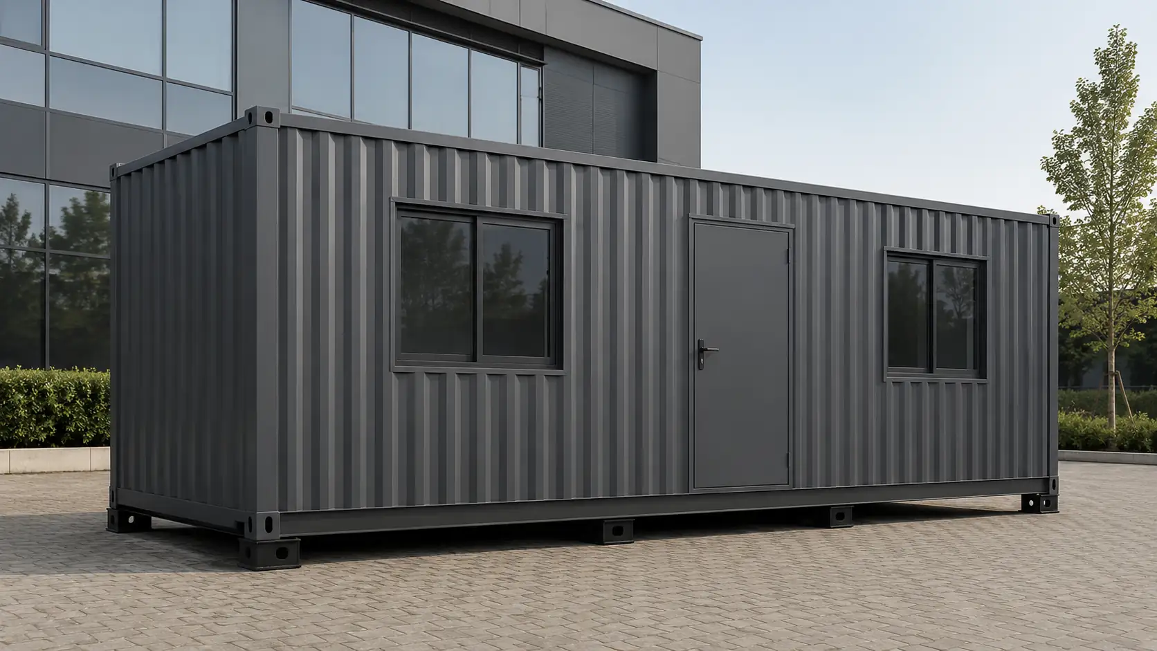 Graphite grey relocatable steel cabin with two dark-framed sliding windows and a flush door, on block paving