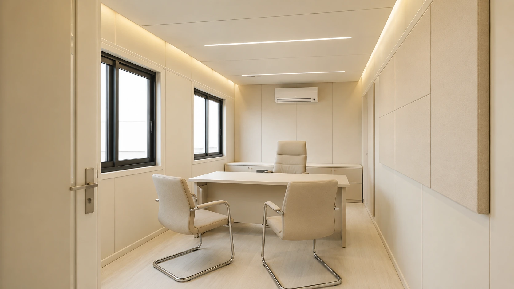 Private cabin office with a desk, high-back chair, two visitor chairs, cove lighting and a wall AC unit