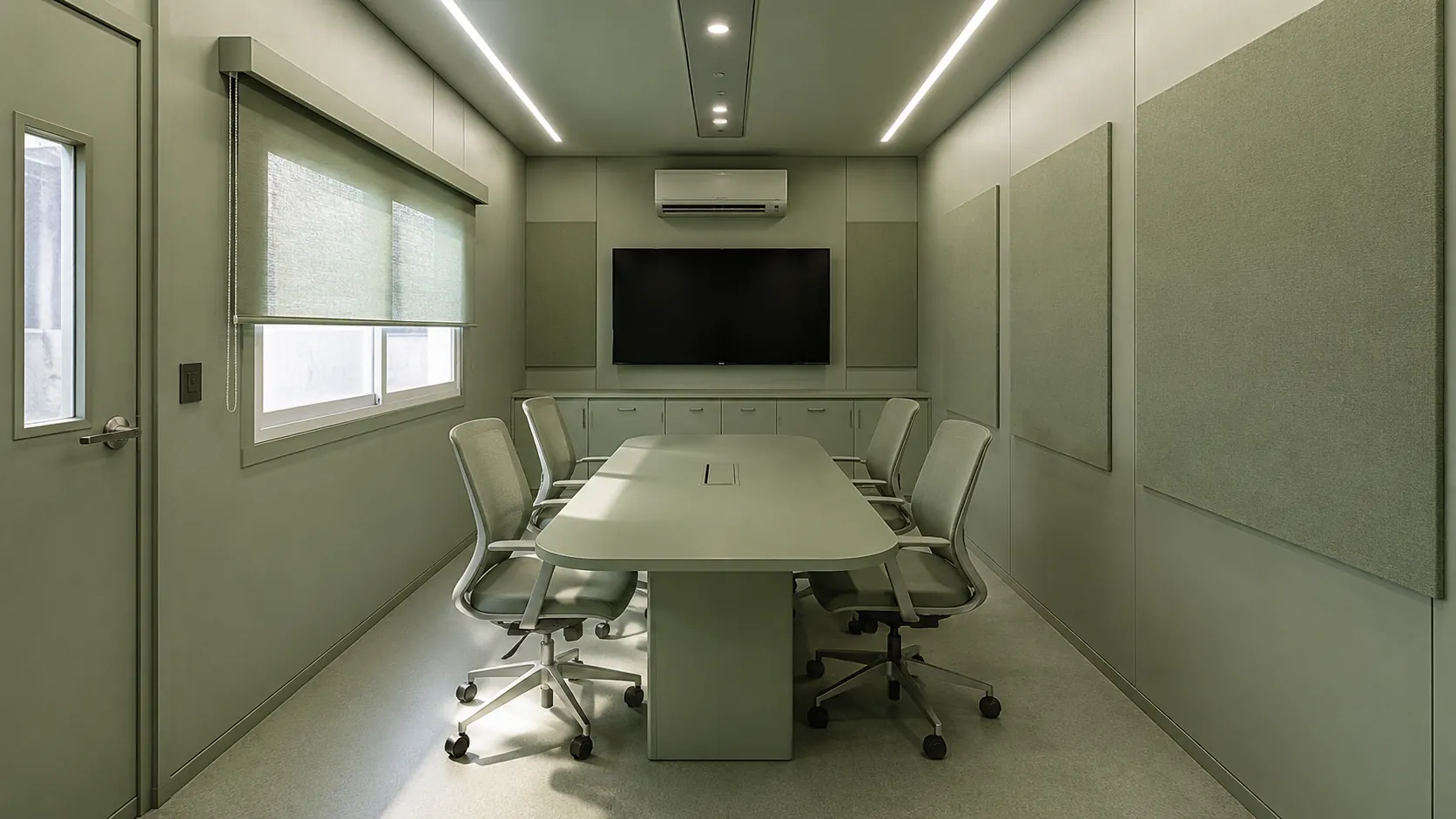 Cabin meeting room with an oval table, six chairs, a wall-mounted screen, acoustic wall panels and a roller blind