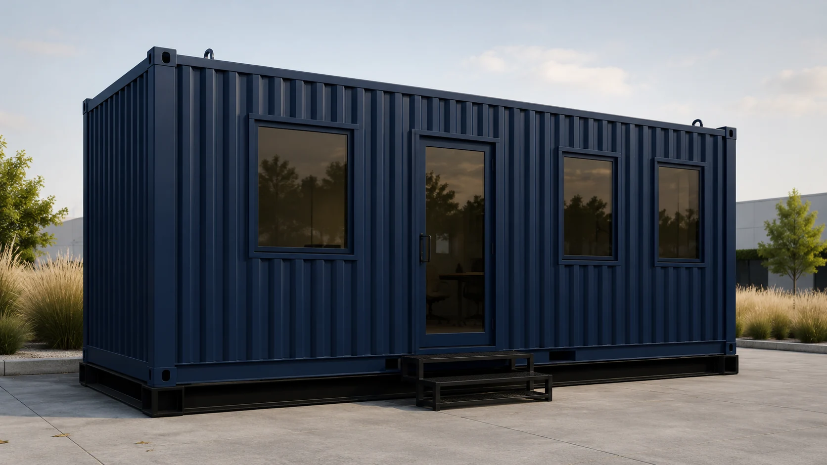 Navy relocatable steel cabin with a full-height glazed entry door, tinted windows and free-standing steel steps