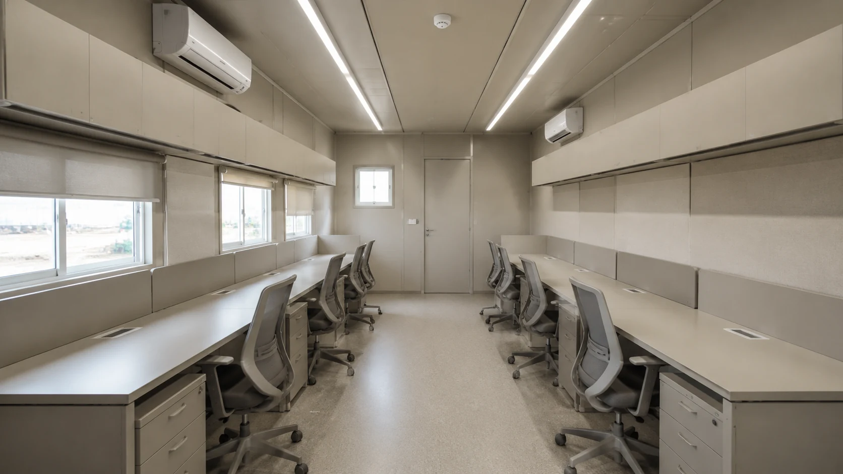 Open-plan cabin interior with two desk rows, mesh chairs, roller blinds, linear lighting and two wall AC units
