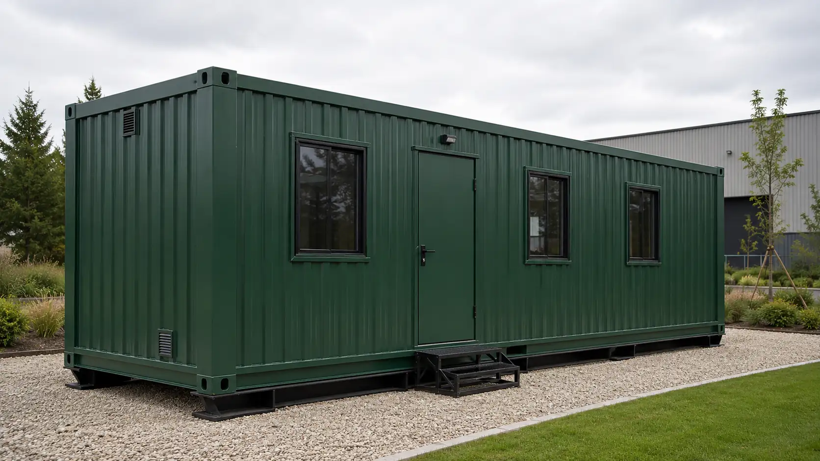 Dark green relocatable steel cabin with three windows, a flush door, wall vents and free-standing steel steps