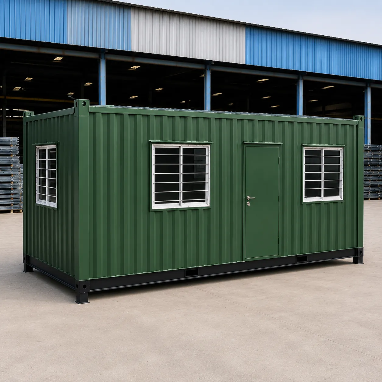 Dark green 20x10 ft cabin with three grilled windows and a centred steel door with a keyed lockset
