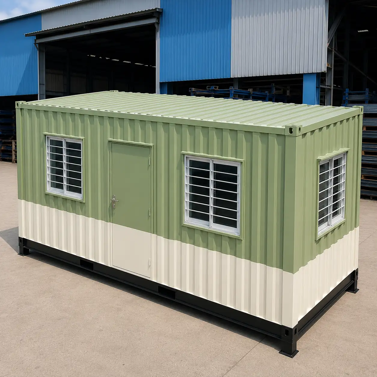 Olive and cream 20x10 ft cabin with three grilled windows and a steel door set left of centre