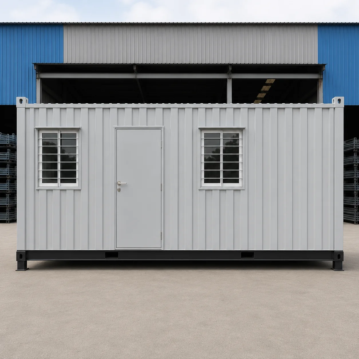 Side elevation of an off-white 20x10 ft cabin with two grilled windows flanking a centred steel door