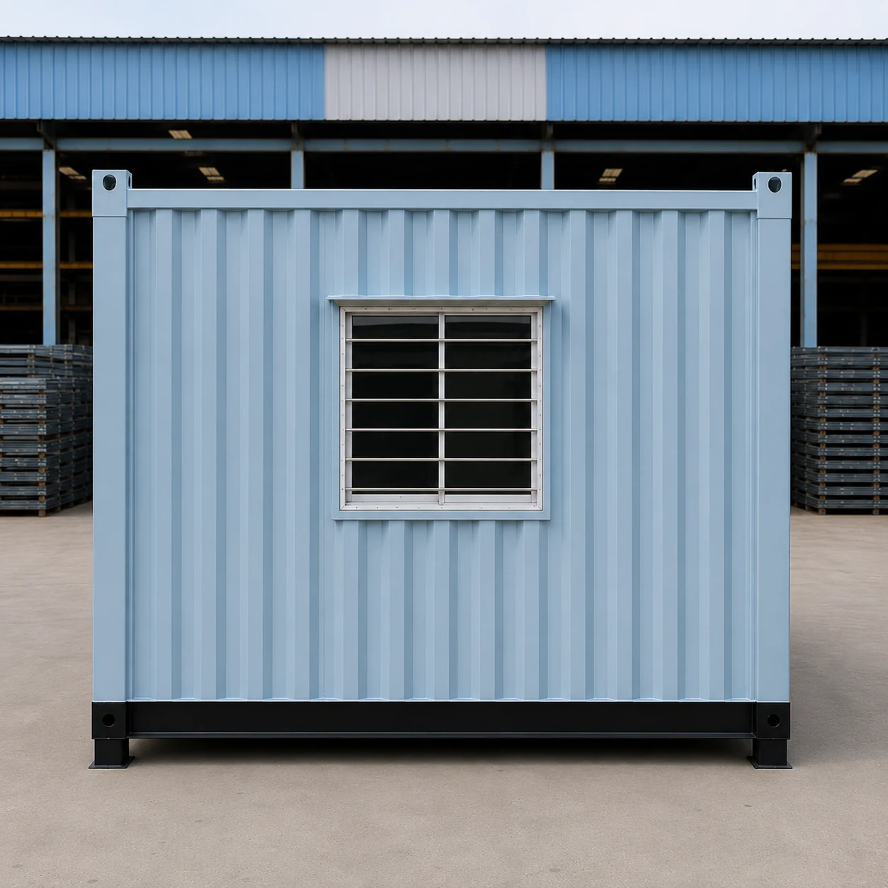 End elevation of a powder blue 20x10 ft cabin with one high grilled window and pad feet at both corners