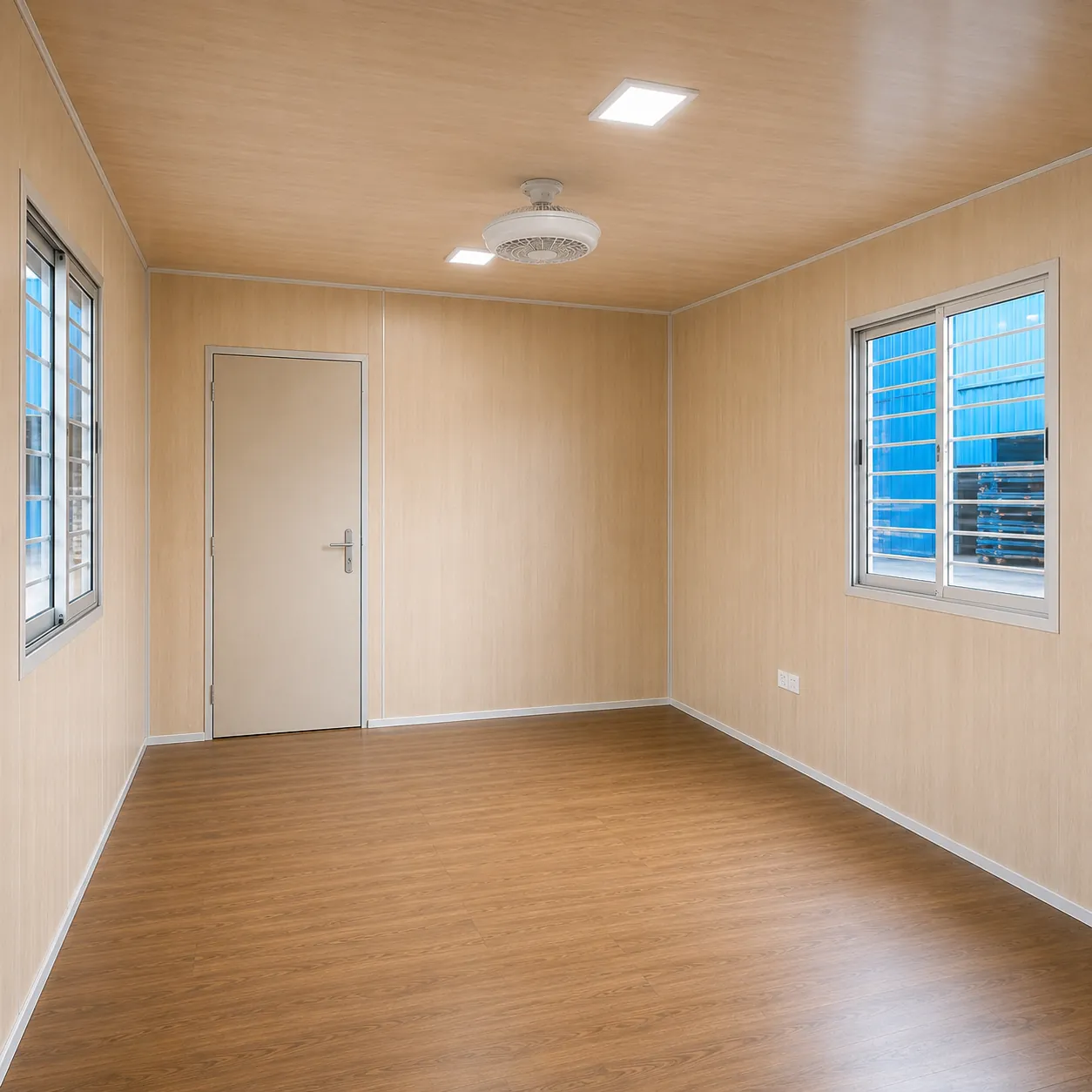 Unfurnished 20x10 ft cabin interior showing wood-tone lining, wood-look floor, ceiling fan and a wall socket