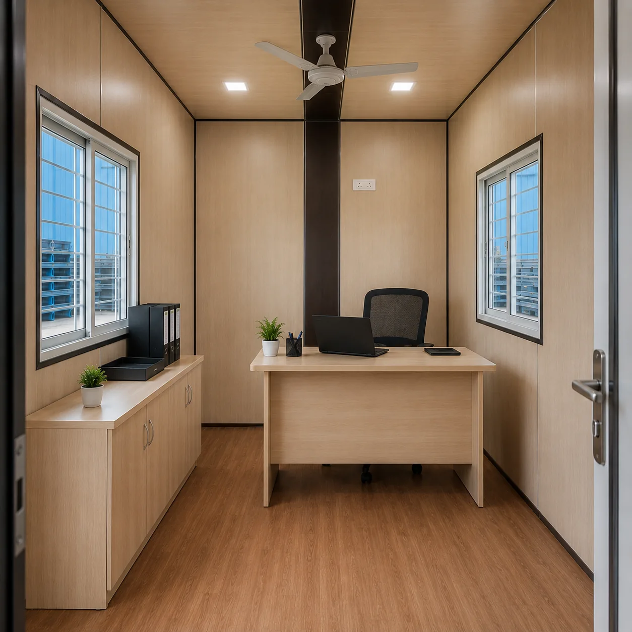20x10 ft cabin interior with a single desk, mesh chair, sideboard holding lever-arch files and a ceiling fan