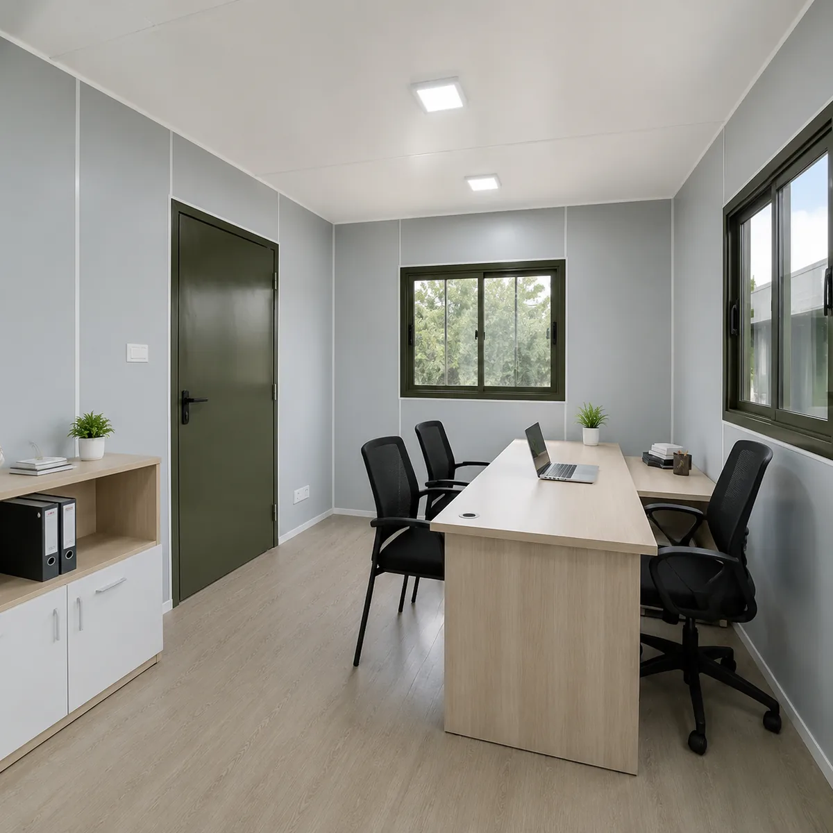 Looking in from the doorway of the small office cabin at 10 x 10 ft, the full interior visible in one view on a 100 sq ft floor.
