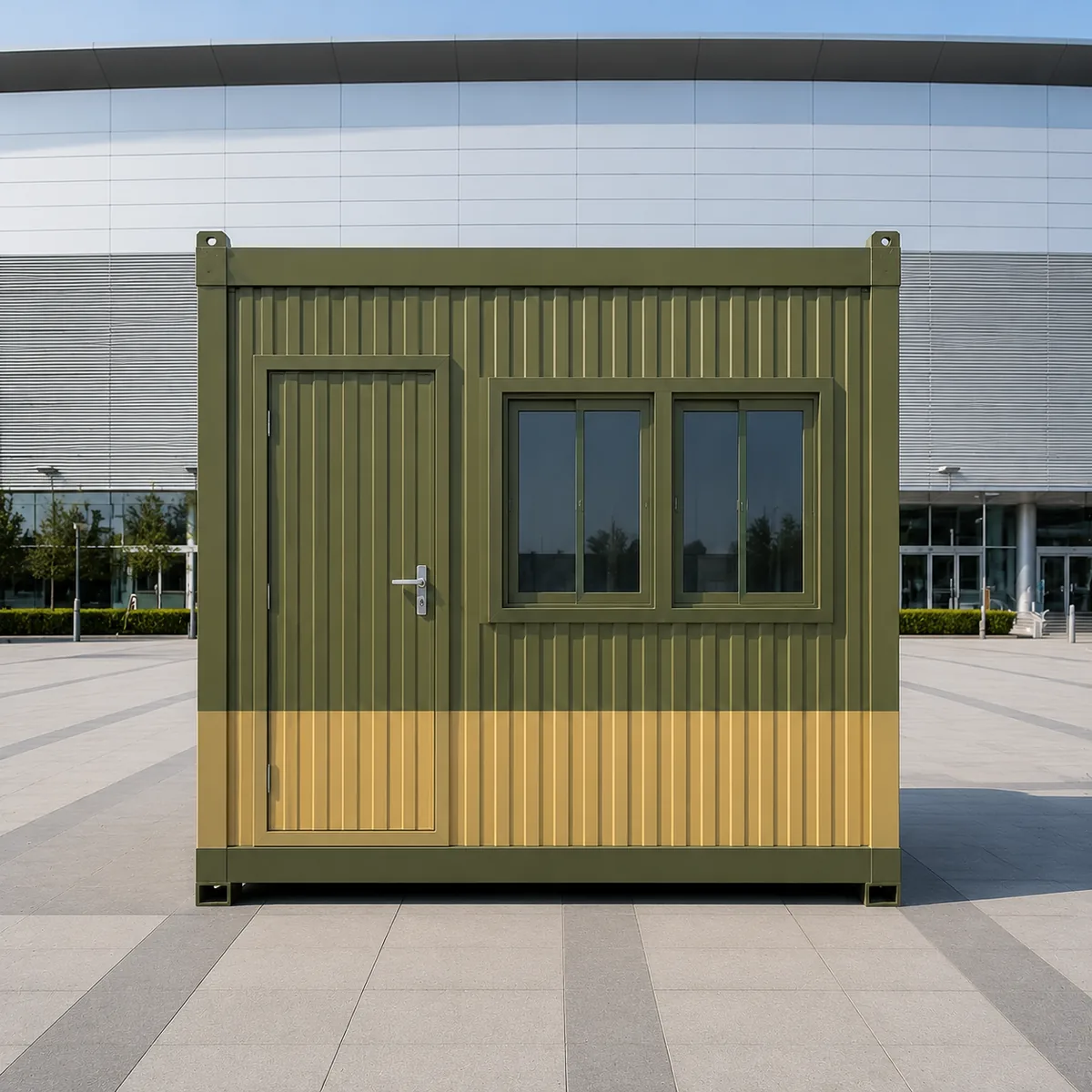 Front corner view of the small office cabin at 10 x 10 ft, the short wall run typical of the compact range across the 10 ft wall.