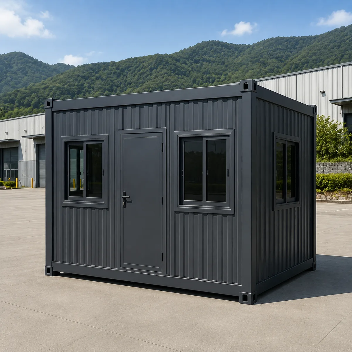 Full side view of the small office cabin, 10 x 10 ft, a single-bay body with one door and one window across the 10 ft wall.