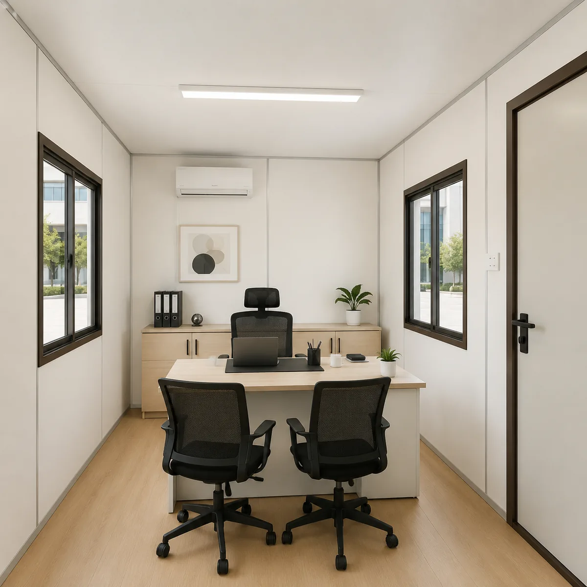 Looking back down the small office cabin, 10 x 10 ft, a compact floor lined on all four sides on the smallest plan in the range.