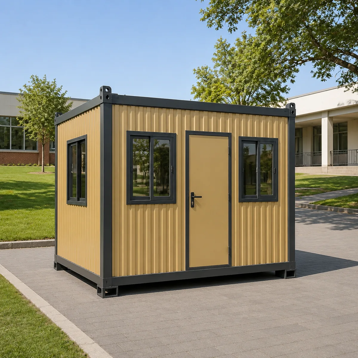 Straight side elevation of the small office cabin, 10 x 10 ft, the whole unit contained in a single frame on the smallest plan in the range.