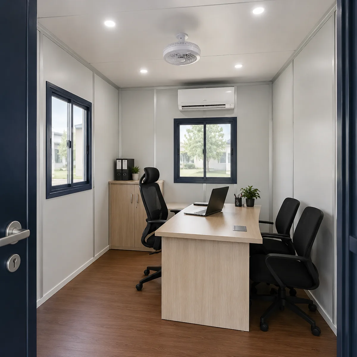 Inside the small office cabin, 10 x 10 ft, a single working bay with the desk wall opposite the door on a 100 sq ft floor.