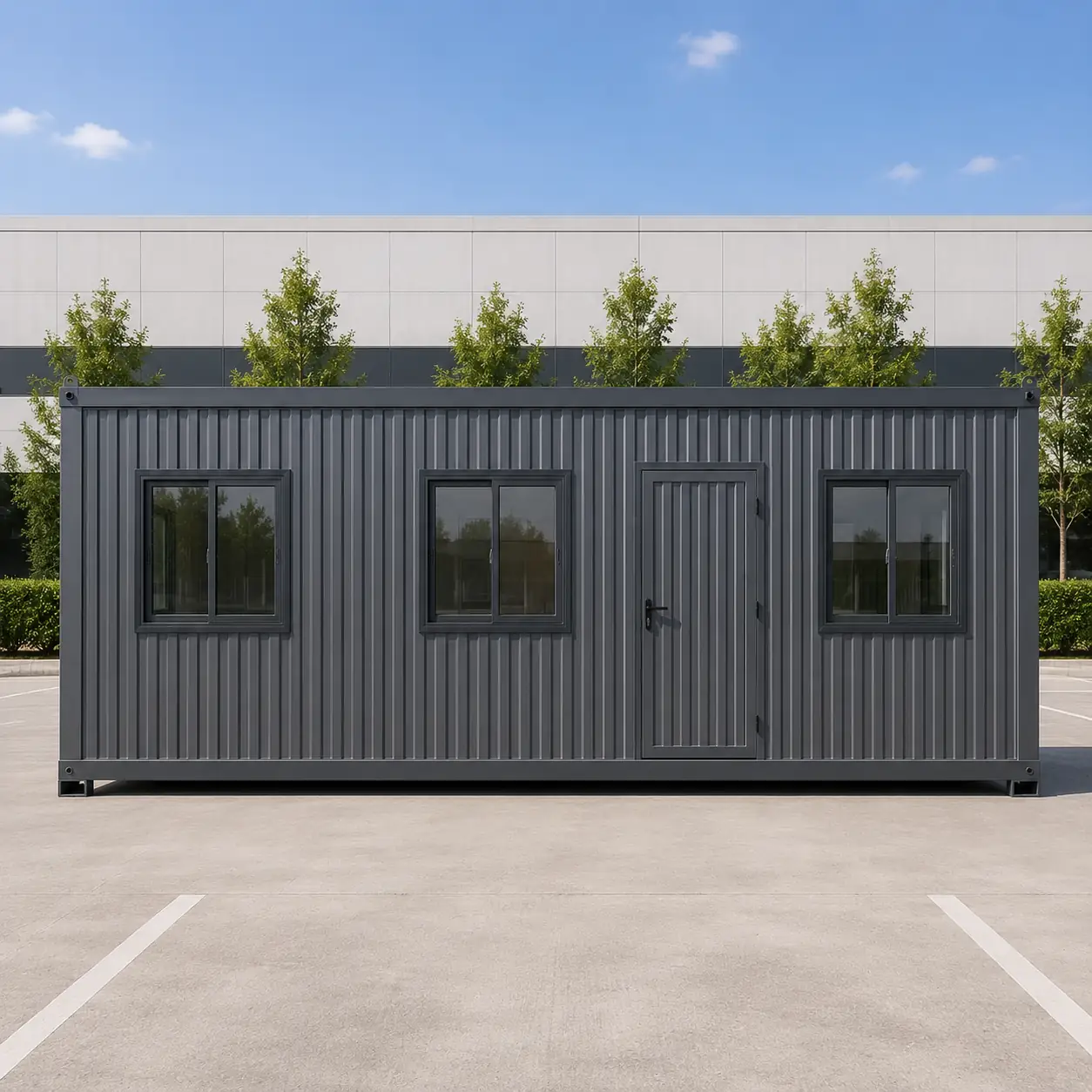 Dark grey 20x10 ft porta cabin seen side on, with three windows and a single door