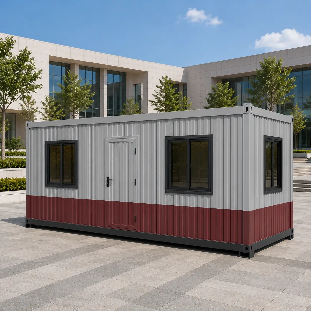 Grey 20x10 ft porta cabin with a maroon lower band, three windows and a central door