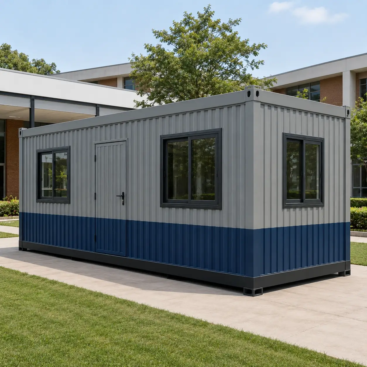 Grey 20x10 ft porta cabin with a navy lower band, three windows and a door