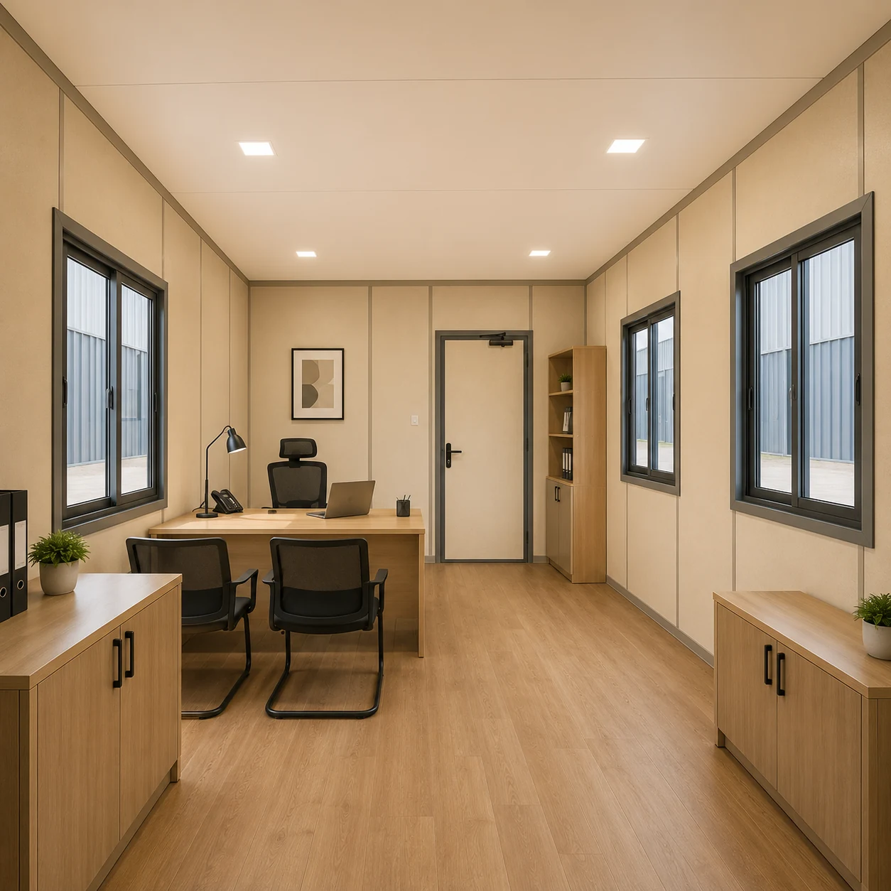 Cabin interior with a corner desk, two visitor chairs, wall cabinets and a door at the far end
