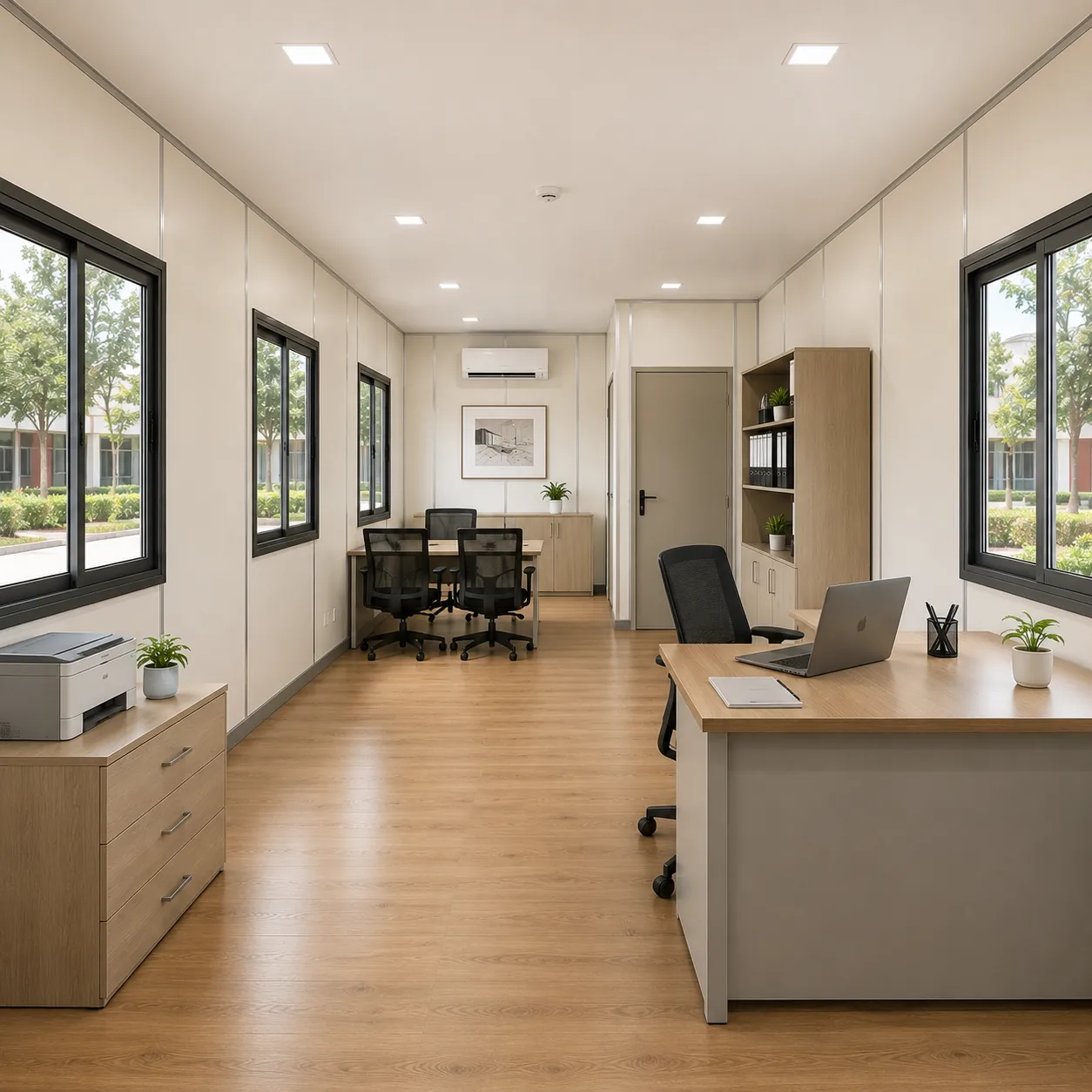 Cabin interior with a desk in the foreground, a meeting table beyond and windows on both sides