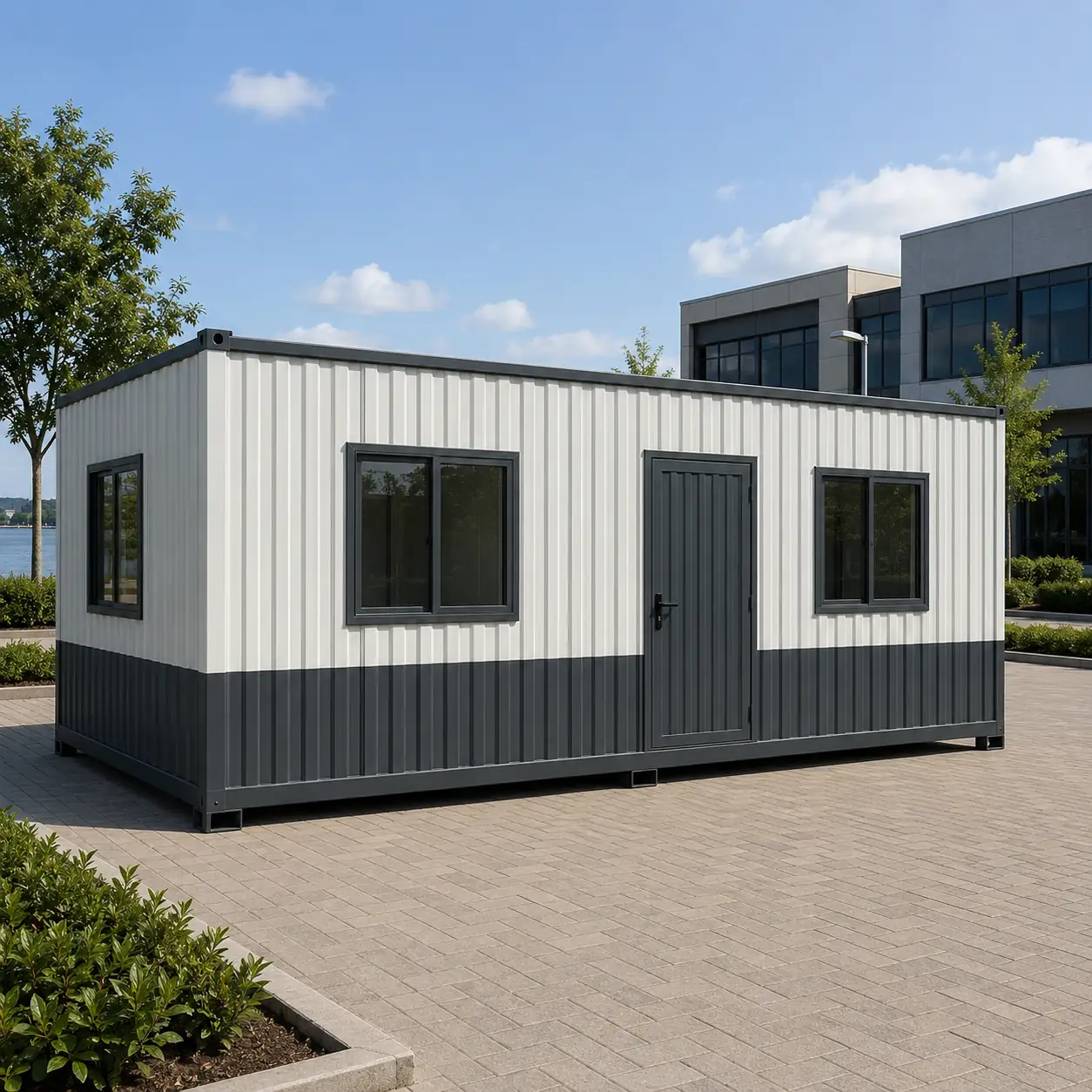 White 20x10 ft porta cabin with a dark grey lower band and two large windows