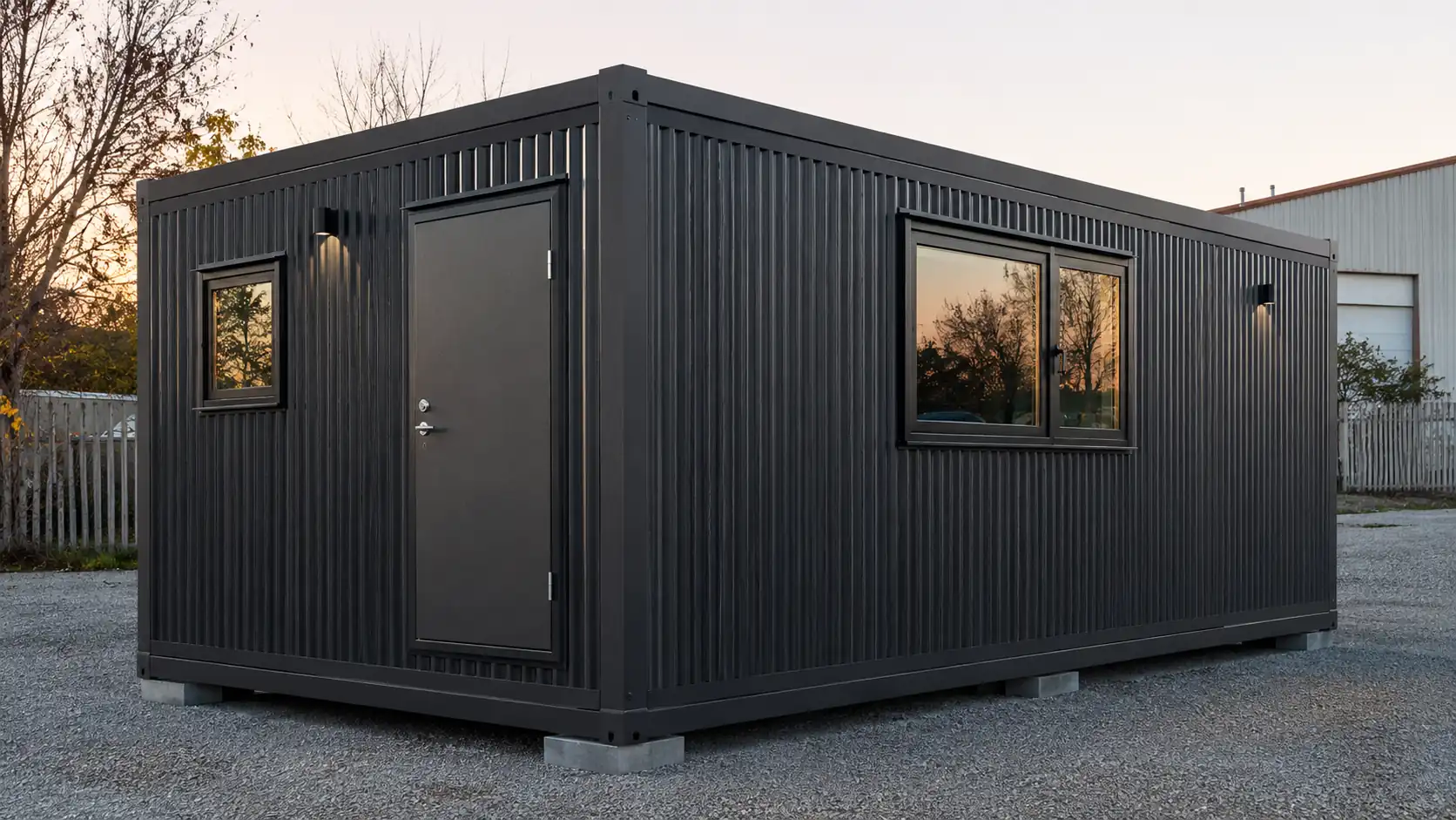 Charcoal soundproof porta cabin with a single door and one window, standing on concrete pads