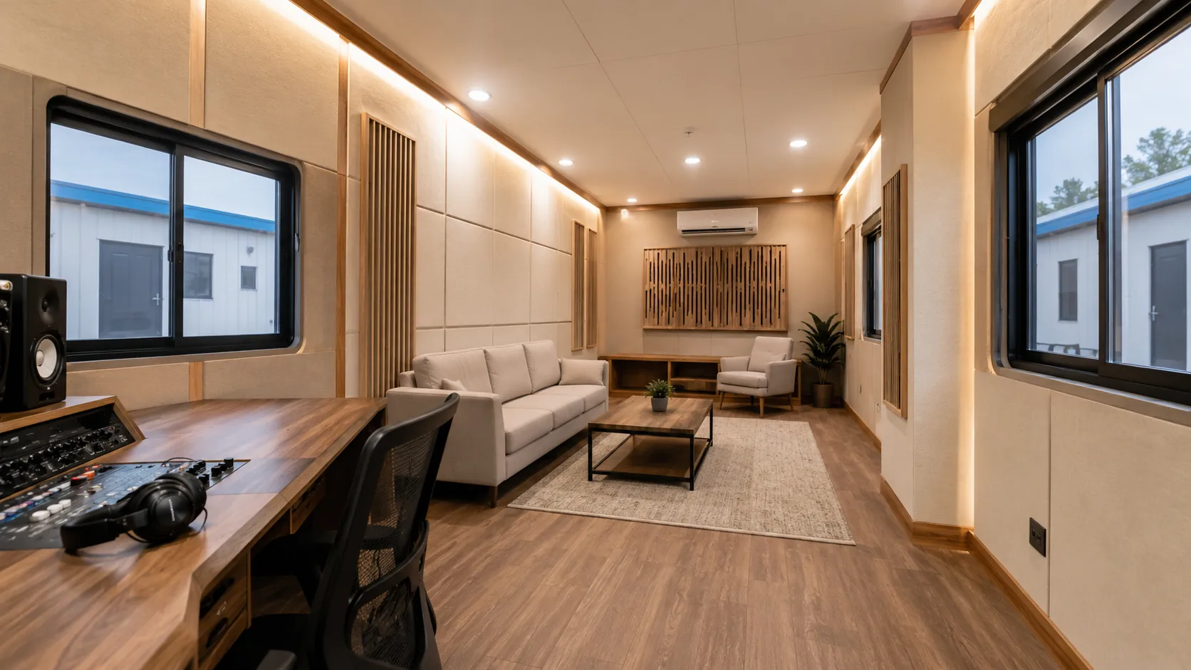 Cabin interior with a desk-mounted audio console, a monitor speaker, headphones and a seating area beyond