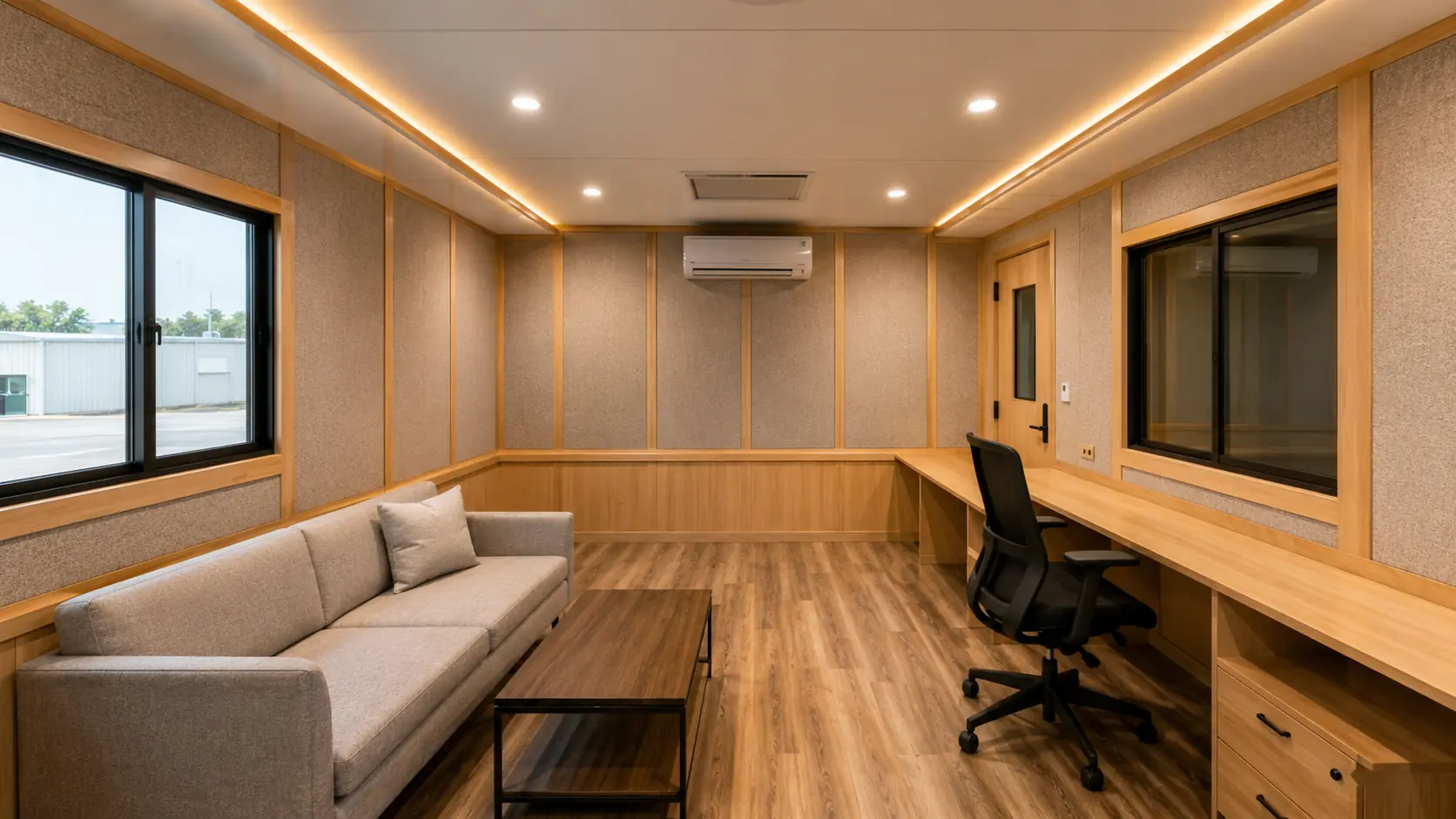 Cabin interior with a bench seat along one wall, a timber desk run opposite and a slatted ceiling detail