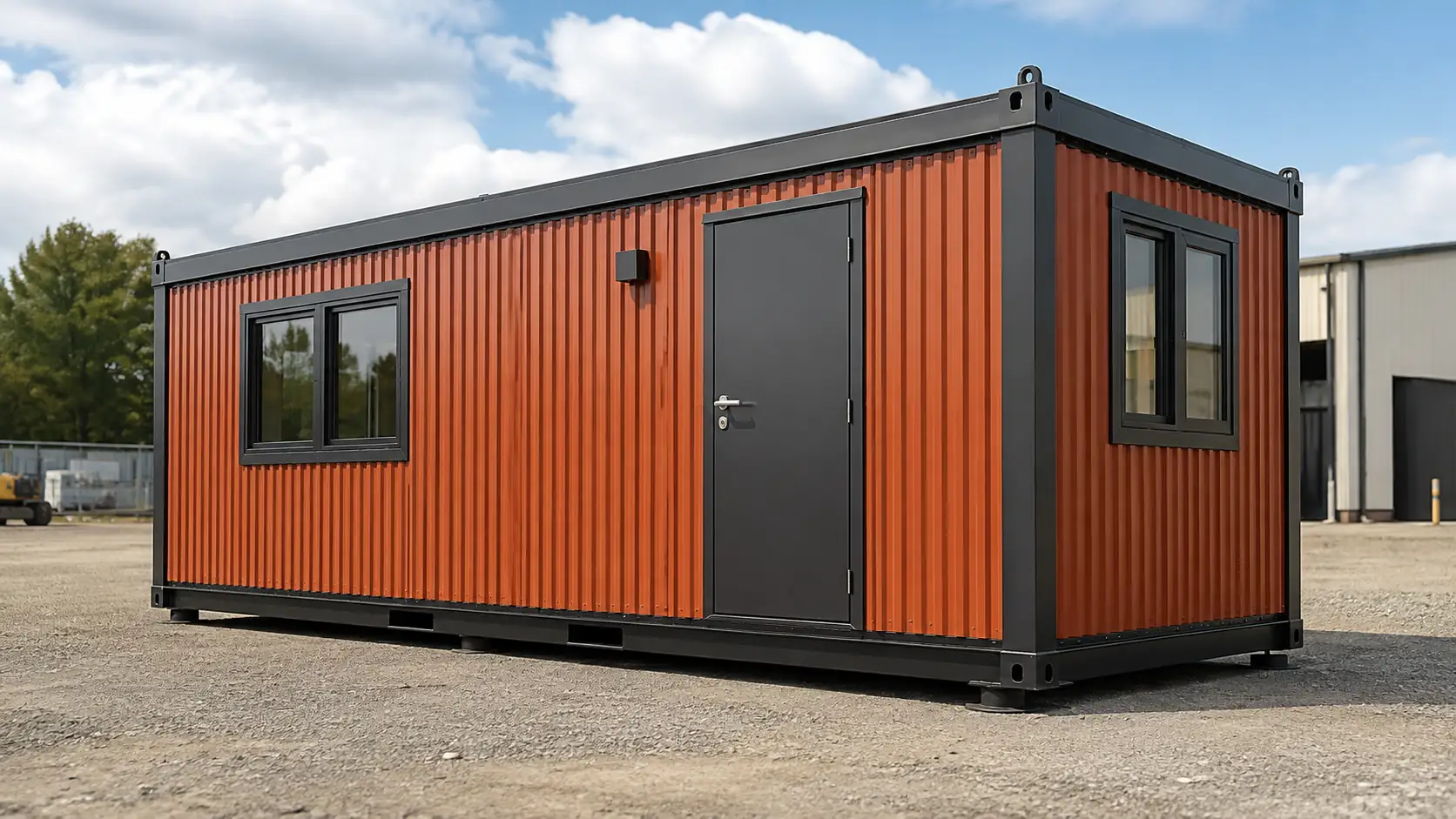 Orange soundproof porta cabin with a central door and a window on each side