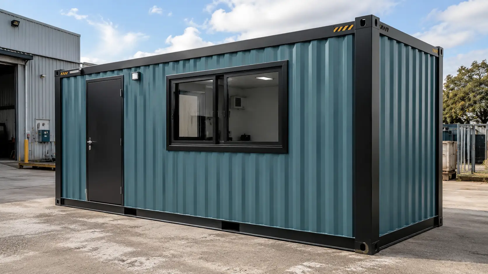 Teal soundproof porta cabin with a door and a large sliding window, in an industrial yard