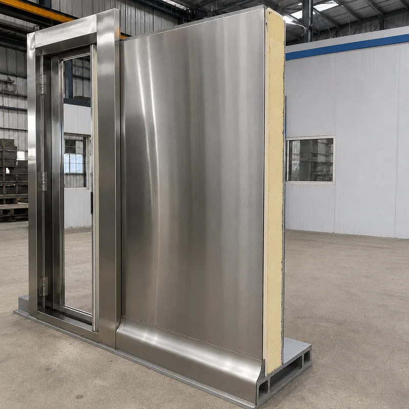 Cold storage PUF panel, 150 mm stainless-steel facing sample 150 mm PUF panel with brushed stainless-steel facing, hygiene-grade cold storage sample