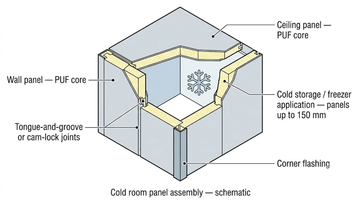 Cold room panel assembly schematic Cold room PUF panel assembly diagram showing wall panels, ceiling panel and joints for freezer rooms up to 150 mm