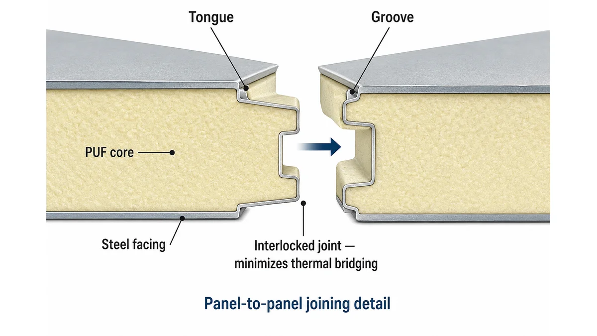 PUF panel tongue-and-groove joining detail Tongue and groove joint detail diagram of two PUF panels interlocking to minimise thermal bridging