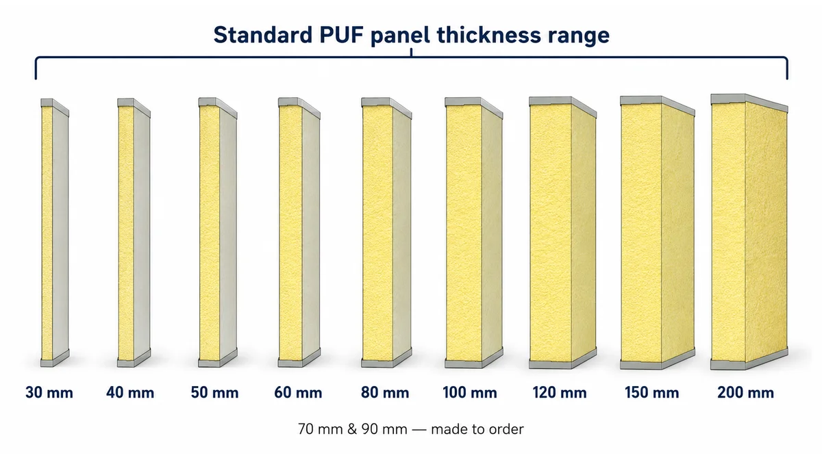PUF panel standard thickness comparison diagram from 30 mm to 200 mm with 70 mm and 90 mm made to order