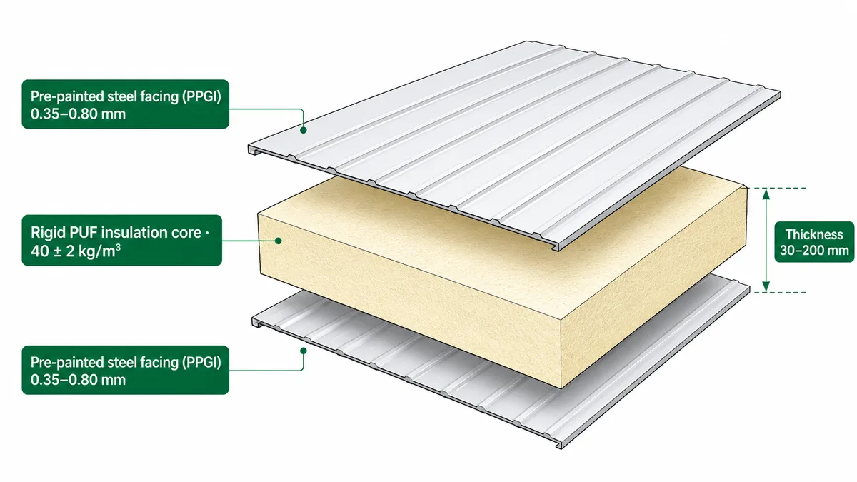 PUF panel cross-section diagram Technical diagram of a PUF panel cross-section showing PPGI facings and the PUF core