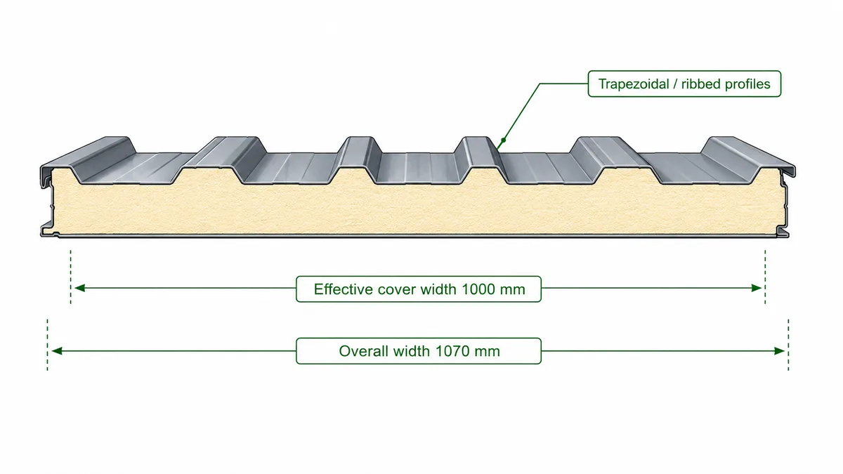 PUF roof panel profile diagram Technical diagram of the PUF roof panel trapezoidal and ribbed profile