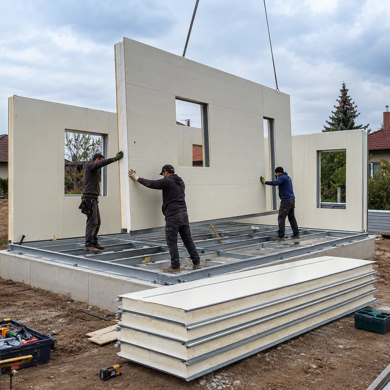 PUF panel house, residential construction site PUF panel house under construction at a residential site, panels being fixed to the frame